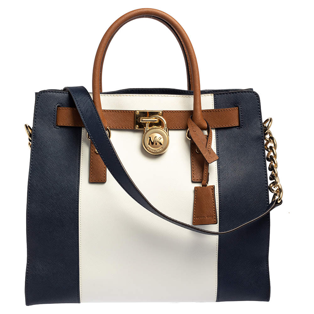 Pre Owned MICHAEL Michael Kors Blue/White Leather Large Hamilton North South Tote