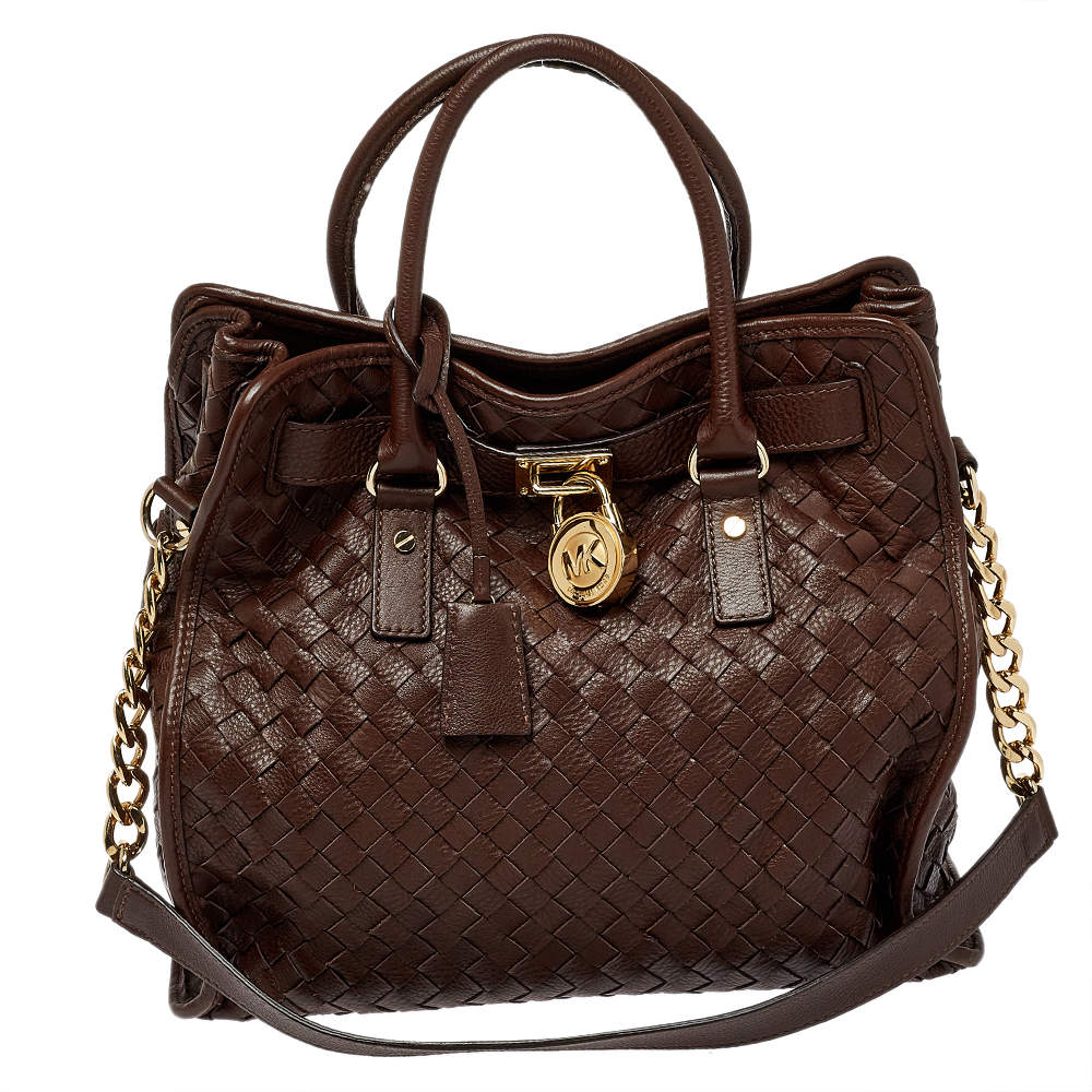 Pre Owned حقيبة مايكل مايكل كورس هاميلتون نورث ساوث جلد بني داكن مغزول كبيرة