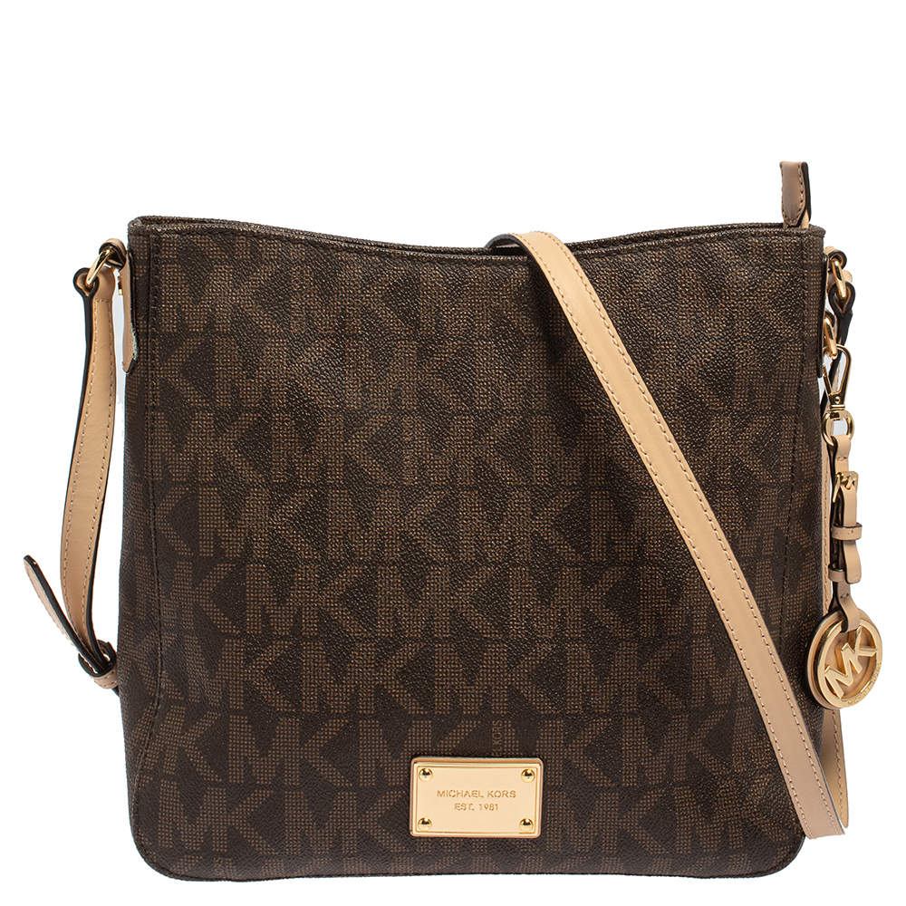 MICHAEL Michael Kors Brown Signature Coated Canvas and Leather Jet Set Travel Messenger Bag