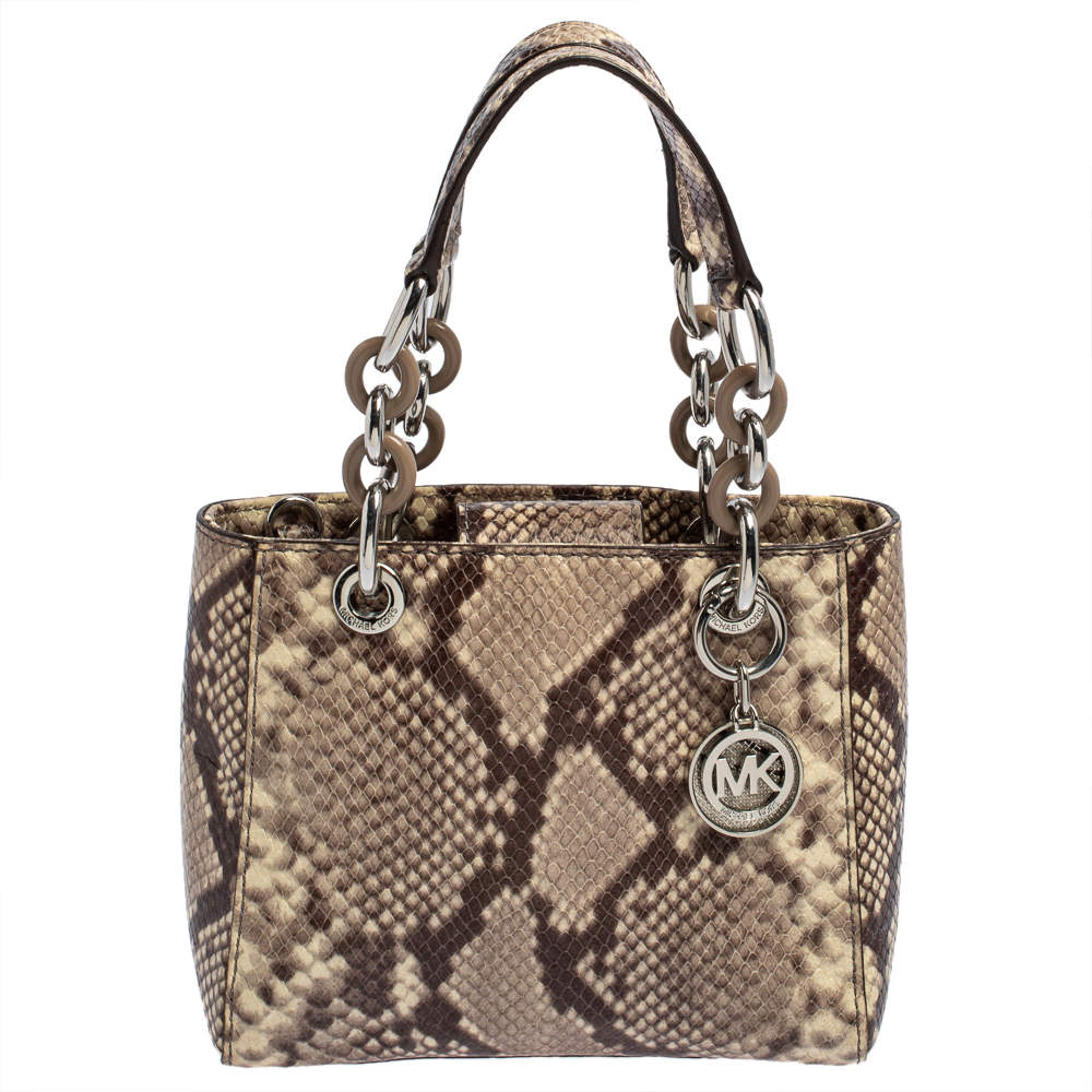 Pre Owned MICHAEL Michael Kors Beige Python Embossed Leather Mini Cynthia Tote