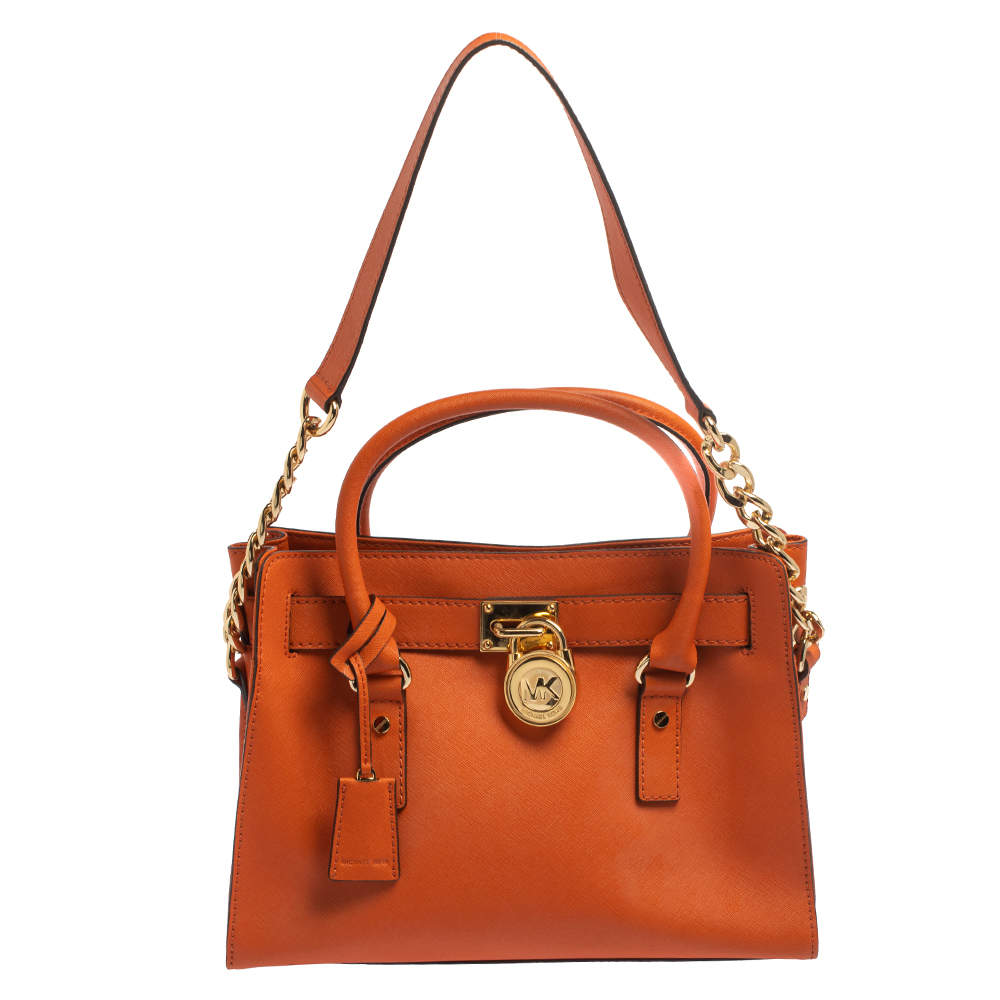 Pre Owned MICHAEL Michael Kors Orange Leather Medium Hamilton East West Tote