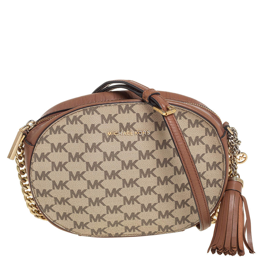 Pre Owned MICHAEL Michael Kors Beige/Tan Signature Coated Canvas and Leather Jet Set Crossbody Bag