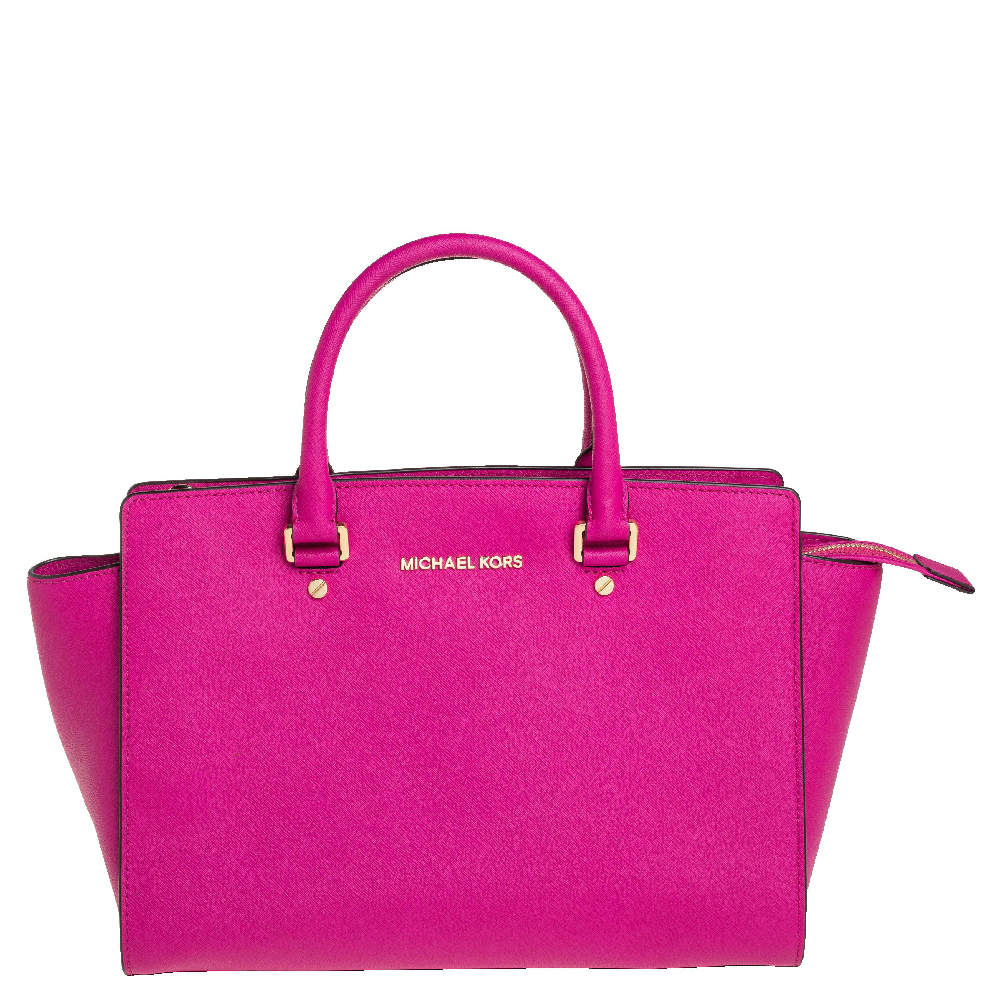 Pre Owned MICHAEL Michael Kors Fuchsia Saffiano Leather Large Selma Tote