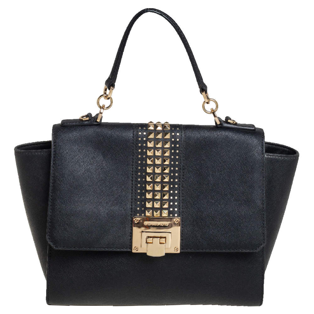 Pre Owned MICHAEL Michael Kors Black Leather Tina Studded Top Handle Bag