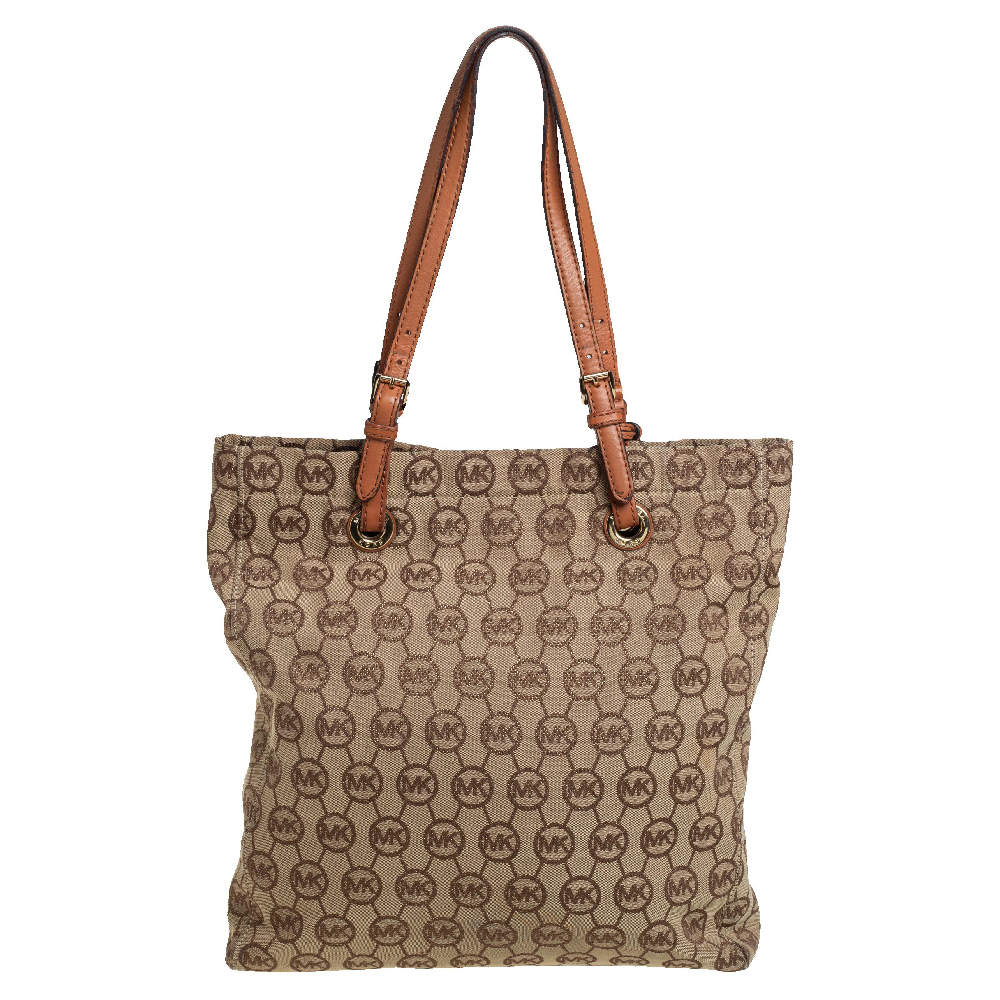 Michael Michael Kors Beige/Black Signature Canvas and Leather Jet Set Tote