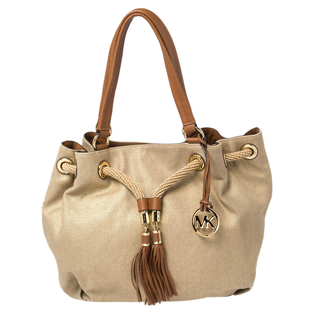 Pre Owned MICHAEL Michael Kors Gold/Brown Shimmer Canvas and Leather Marina Gathered Tote