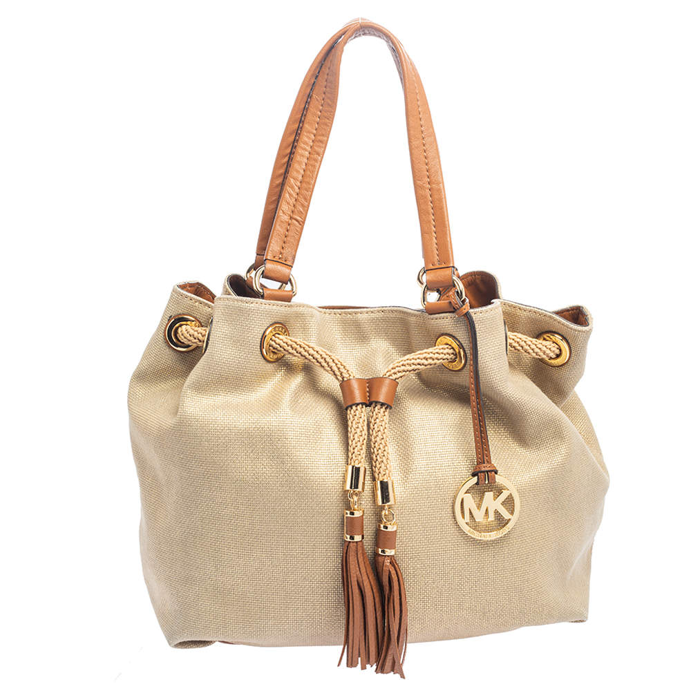 مملوكة مسبقًا MICHAEL Michael Kors Metallic Gold/Brown Leather and Canvas Marina Drawstring Tote