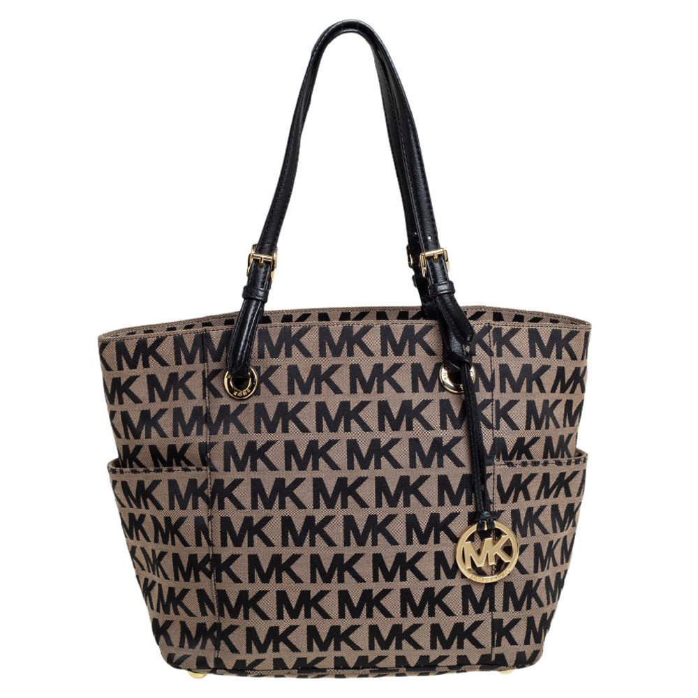 Pre Owned MICHAEL Michael Kors Beige/Black Signature Canvas and Leather Jet Set Tote 