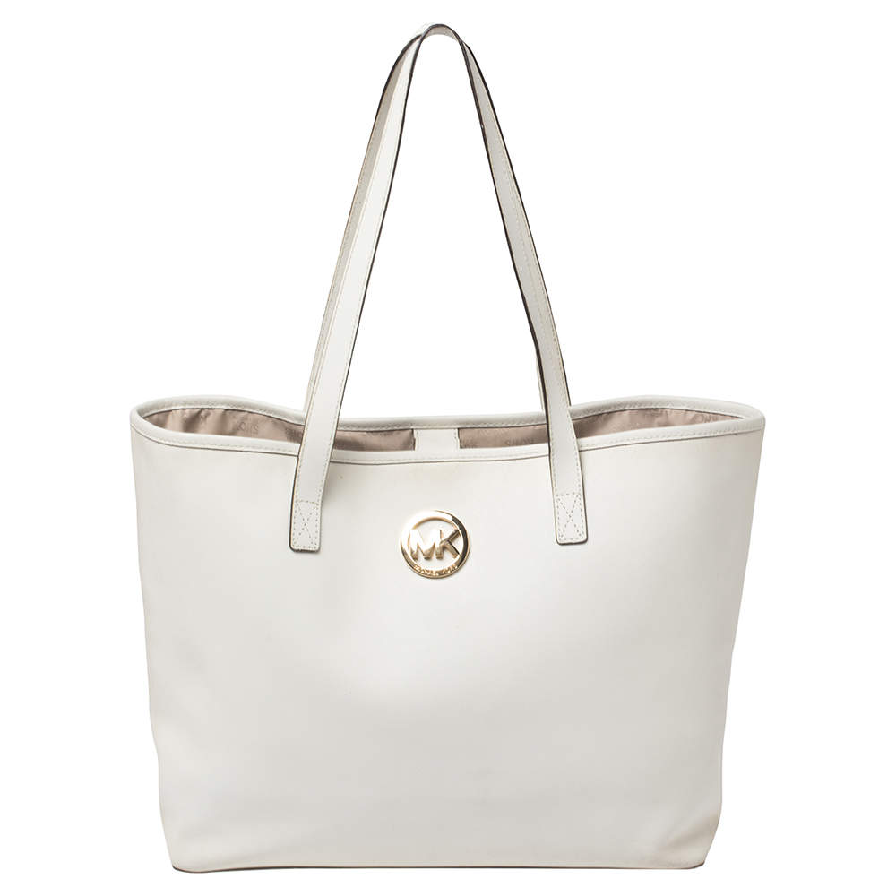 Pre Owned MICHAEL Michael Kors White Leather Jet Set Travel Tote