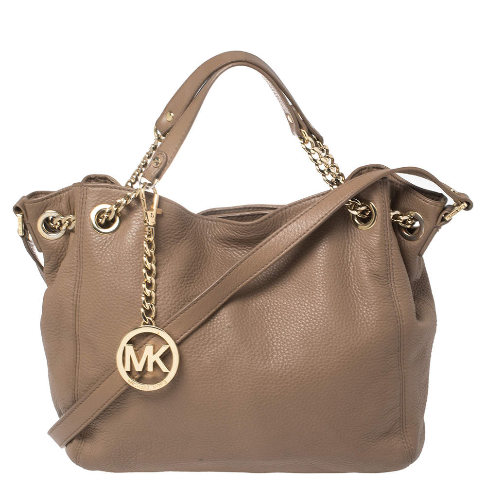 Pre Owned Michael Michael Kors Dark Beige Leather Jet Set Chain Hobo