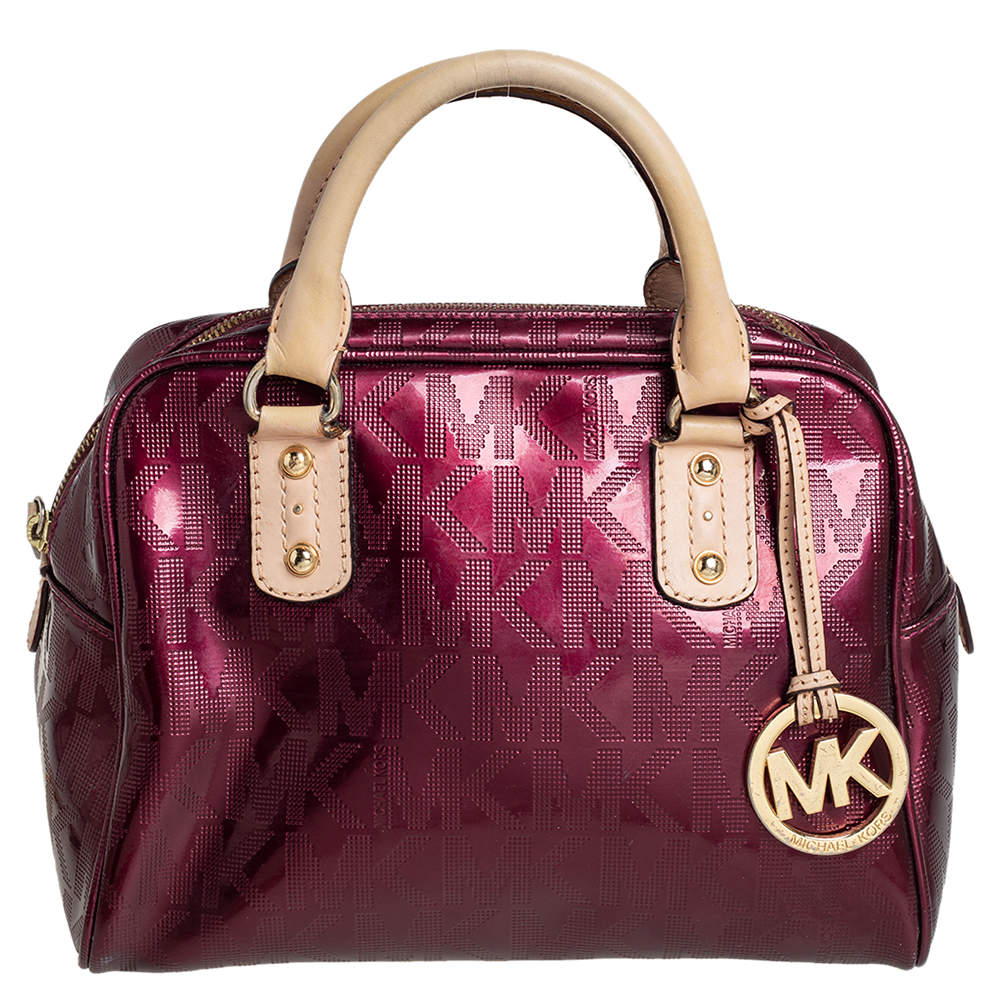 Pre Owned MICHAEL Michael Kors Burgundy Signature Patent Leather Logo Charm Satchel