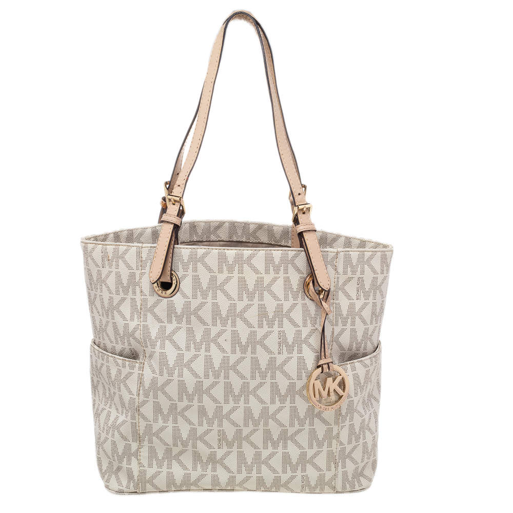 مملوكة مسبقًا MICHAEL Michael Kors Beige Coated Canvas Jet Set Tote