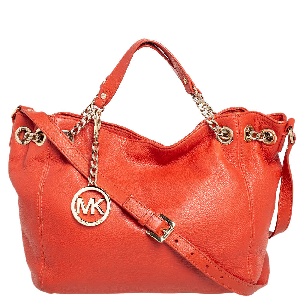 Pre Owned MICHAEL Michael Kors Orange Leather Jet Set Chain Hobo