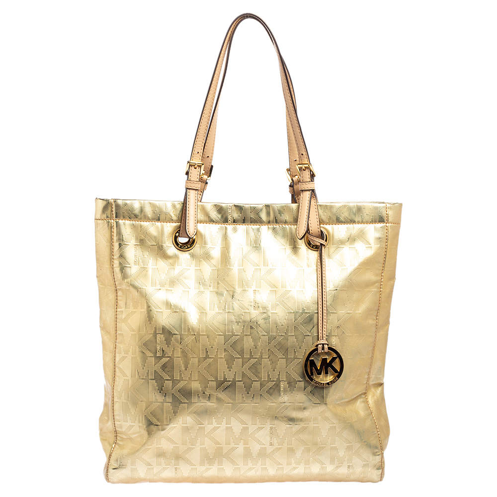 Pre Owned MICHAEL Michael Kors Gold Signature Mirrored Leather North South Tote