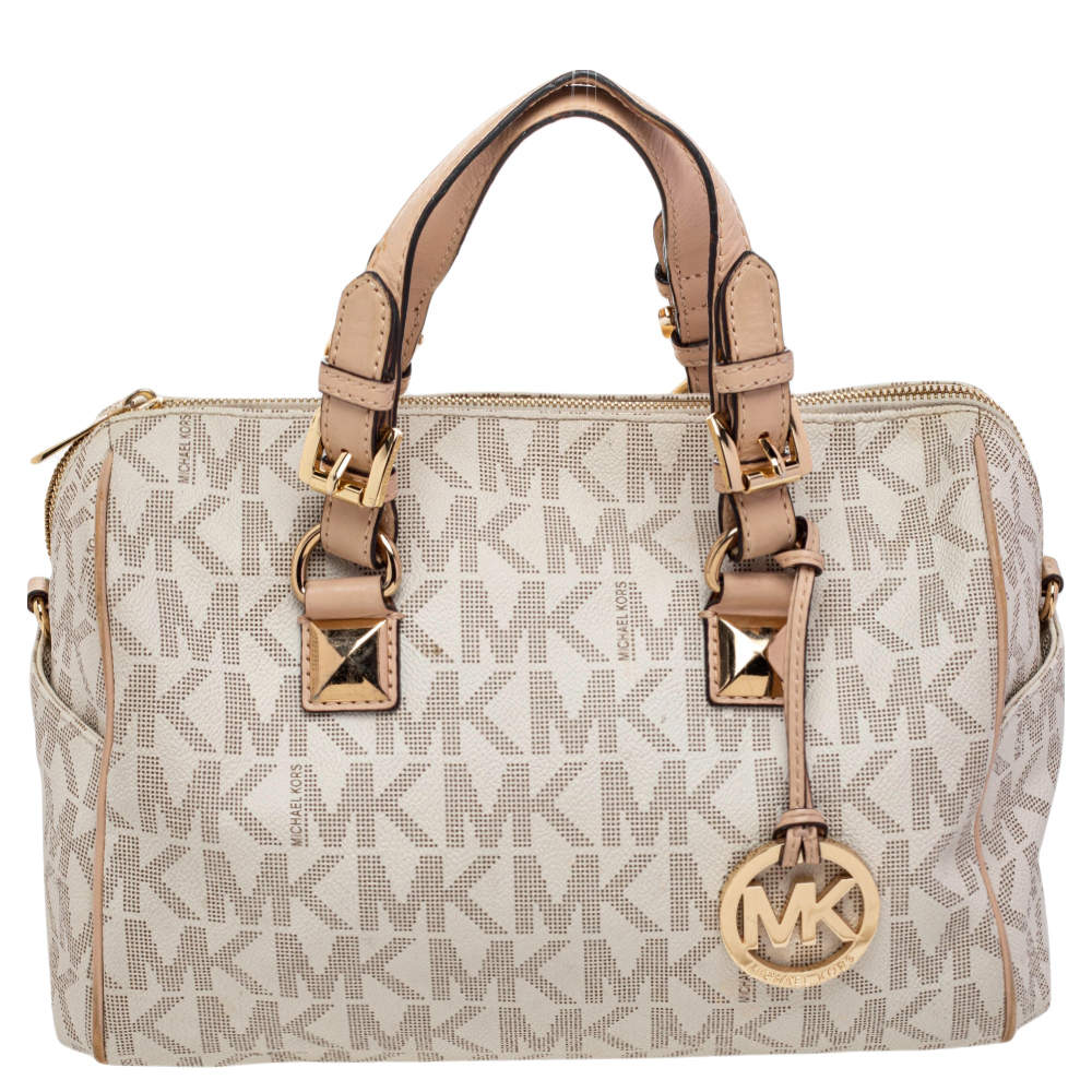 Pre Owned MICHAEL Michael Kors White/Beige Coated Canvas And Leather Grayson Satchel