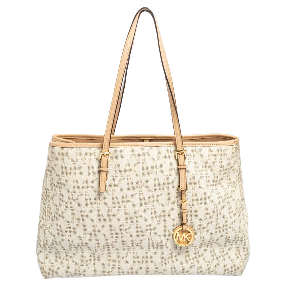 مملوكة مسبقًا MICHAEL Michael Kors White Signature Coated Canvas And Leather Large Jet Set Tote