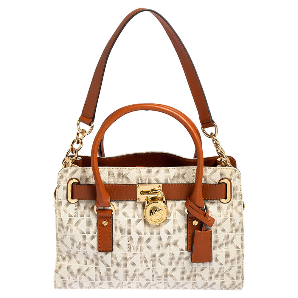 Pre Owned MICHAEL Michael Kors White/Brown Leather and Signature Coated Canvas Hamilton East West Tote