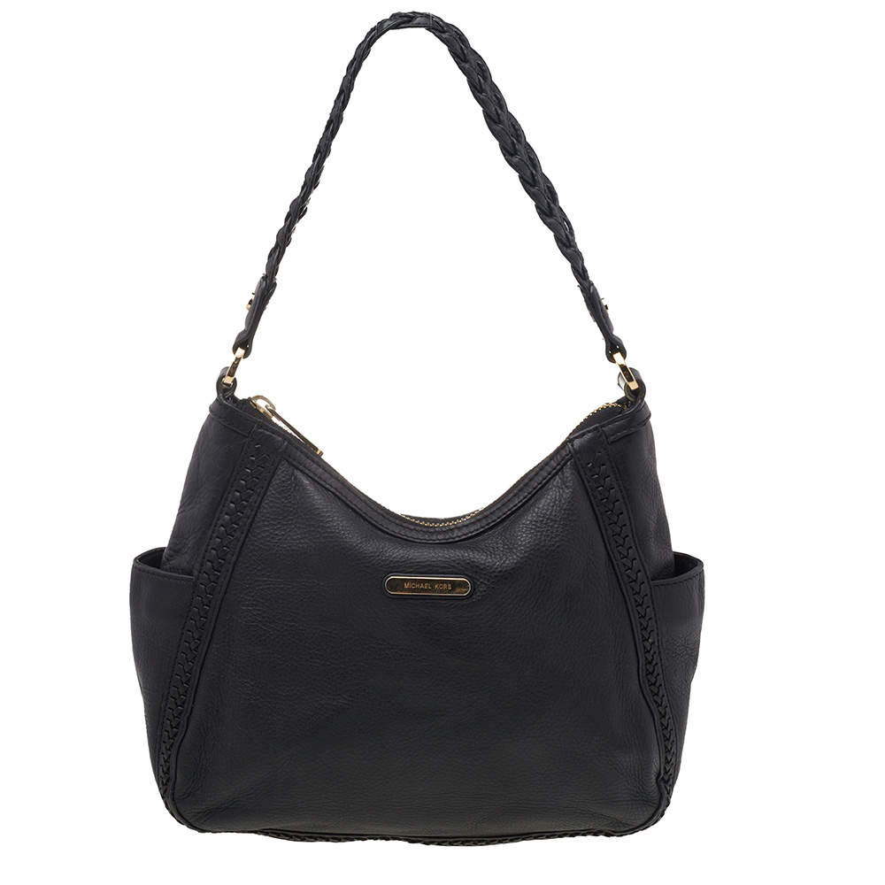 Pre Owned MICHAEL Michael Kors Black Leather Braided Vanilla Hobo