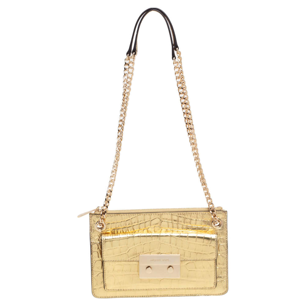 Pre Owned MICHAEL Michael Kors Metallic Gold Croc Embossed Leather Sloan Shoulder Bag