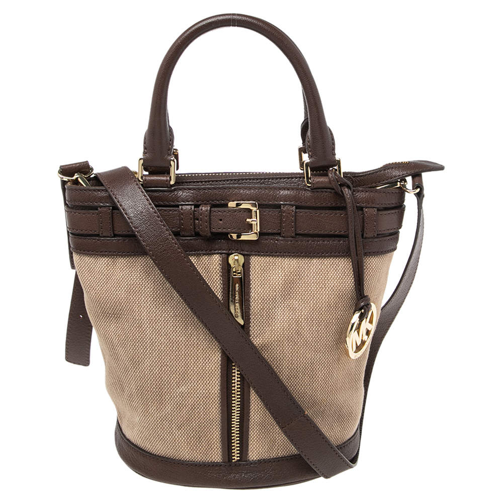 Pre Owned MICHAEL Michael Kors Brown/Beige Canvas and Leather Front Zip Detail Bucket Bag