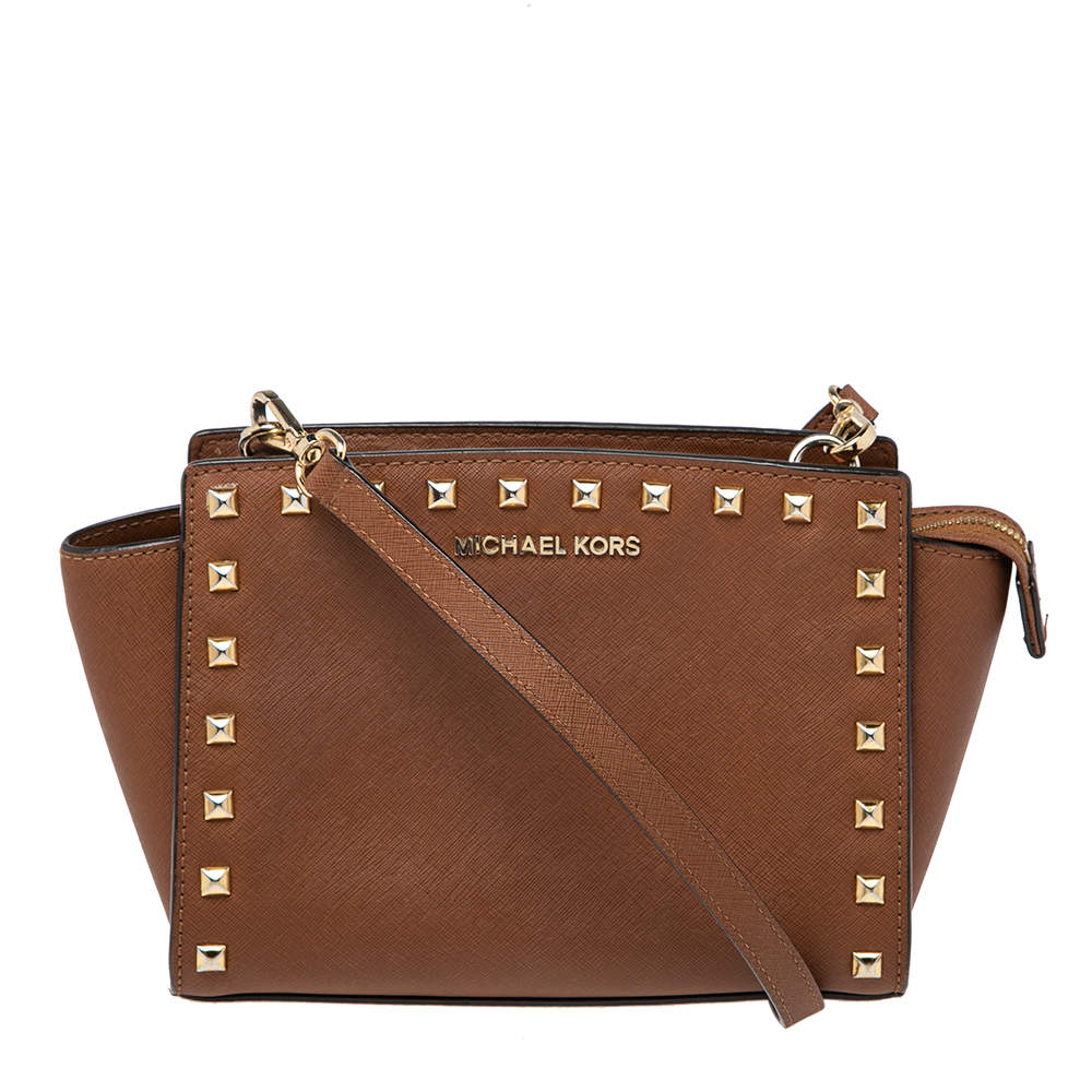 Pre Owned MICHAEL Michael Kors Tan Leather Small Selma Crossbody Bag