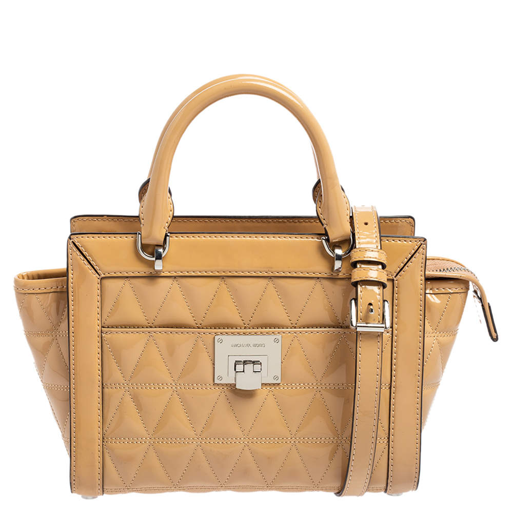 Pre Owned MICHAEL Michael Kors Beige Quilted Patent Leather Vivianne Satchel