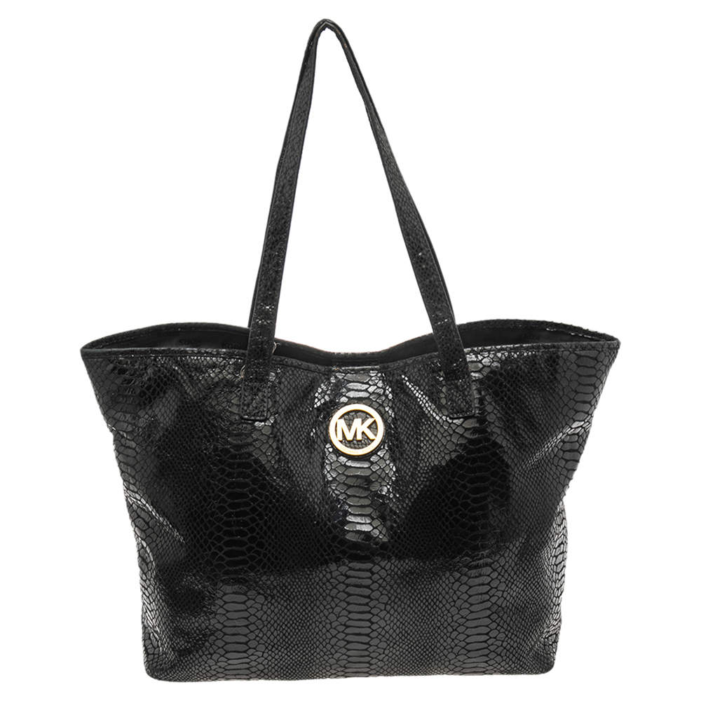 Pre Owned MICHAEL Michael Kors Back Python Embossed Laminated Suede Open Tote