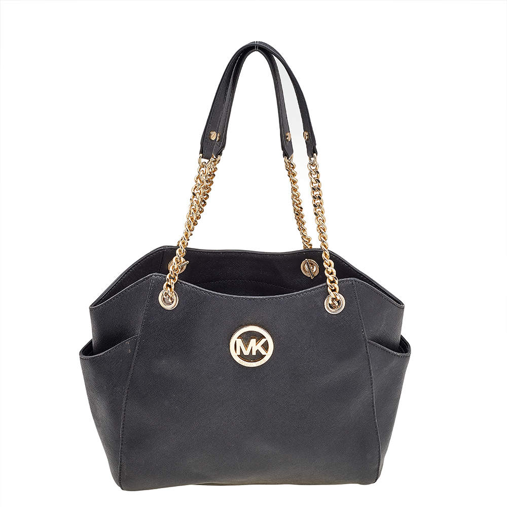 مملوكة مسبقًا MICHAEL Michael Kors Black Leather Jet Set Travel Chain Tote