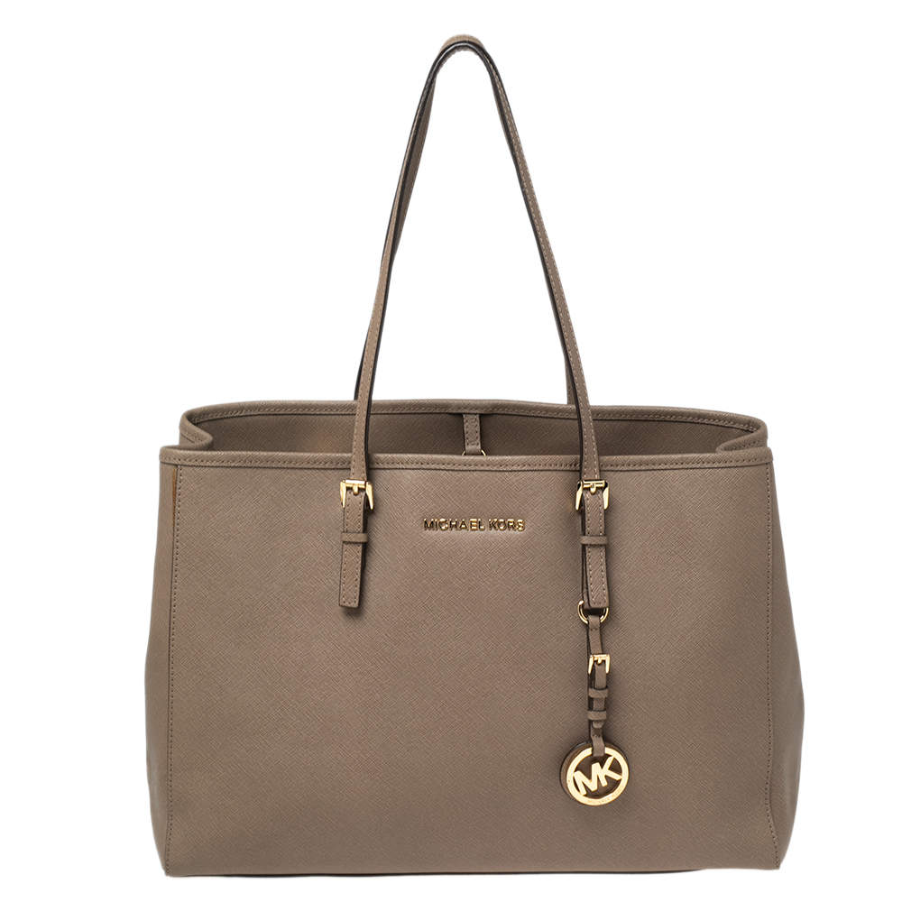 مملوكة مسبقًا MICHAEL Michael Kors Dark Beige Saffiano Leather Jet Set Travel Tote