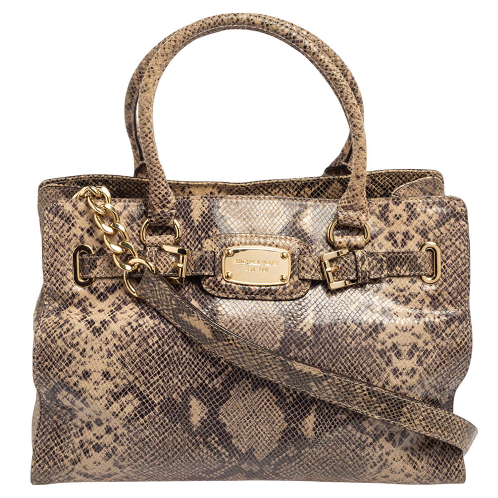 Pre Owned MICHAEL Michael Kors Beige/Brown Python Embossed Leather East West Hamilton Tote