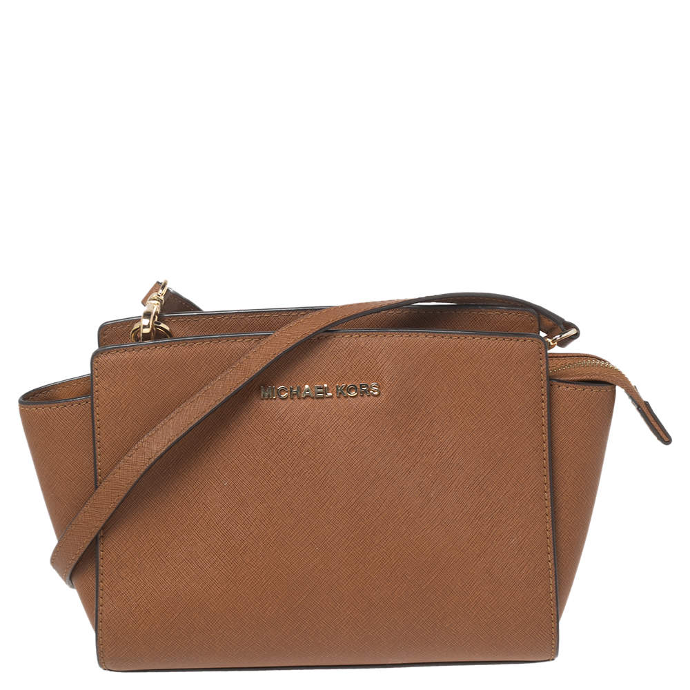 Pre Owned MICHAEL Michael Kors Tan Leather Small Selma Crossbody Bag