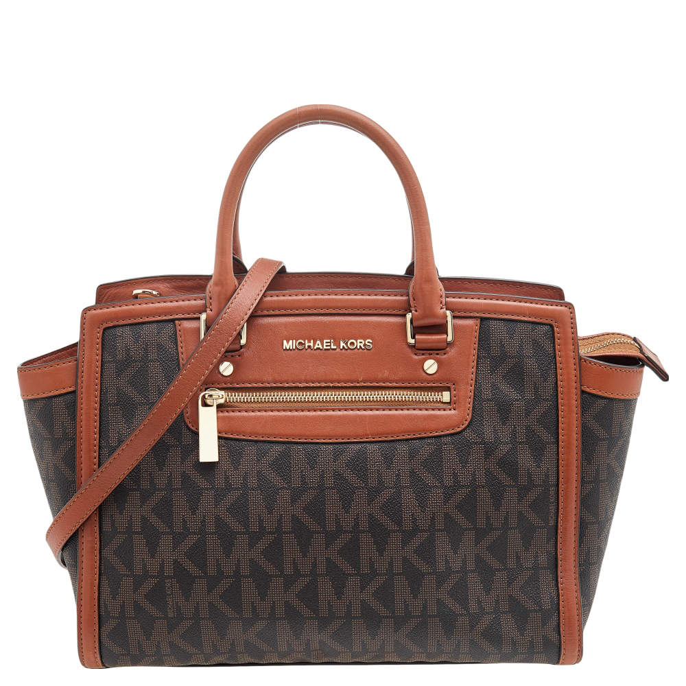 مملوكة مسبقًا حقيبة يد توتس مايكل مايكل كورس سيلما جلد وكانفاس مقوى بالشعار بني كبيرة