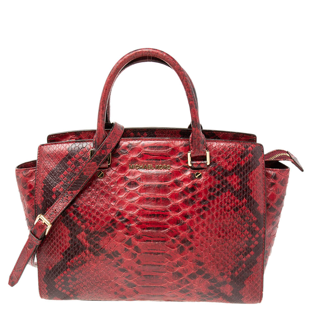 Pre Owned MICHAEL Michael Kors Red/Black Python Embossed Leather Selma Tote