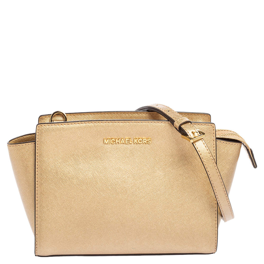 Pre Owned MICHAEL Michael Kors Metallic Gold Saffiano Leather Small Selma Satchel