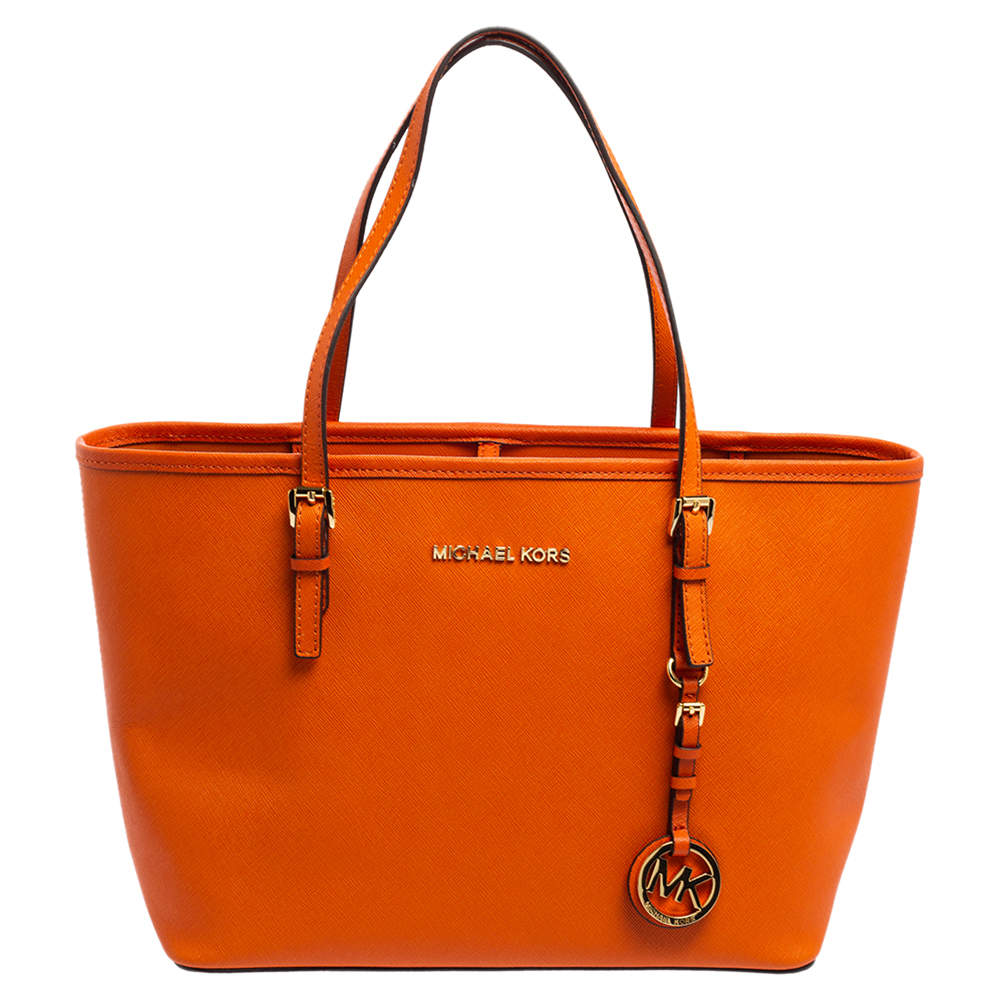 Pre Owned MICHAEL Michael Kors Orange Saffiano Leather Jet Set Travel Tote