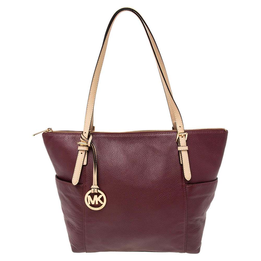 Pre Owned MICHAEL Michael Kors Burgundy/Beige Leather Jet Set Top Zip Tote