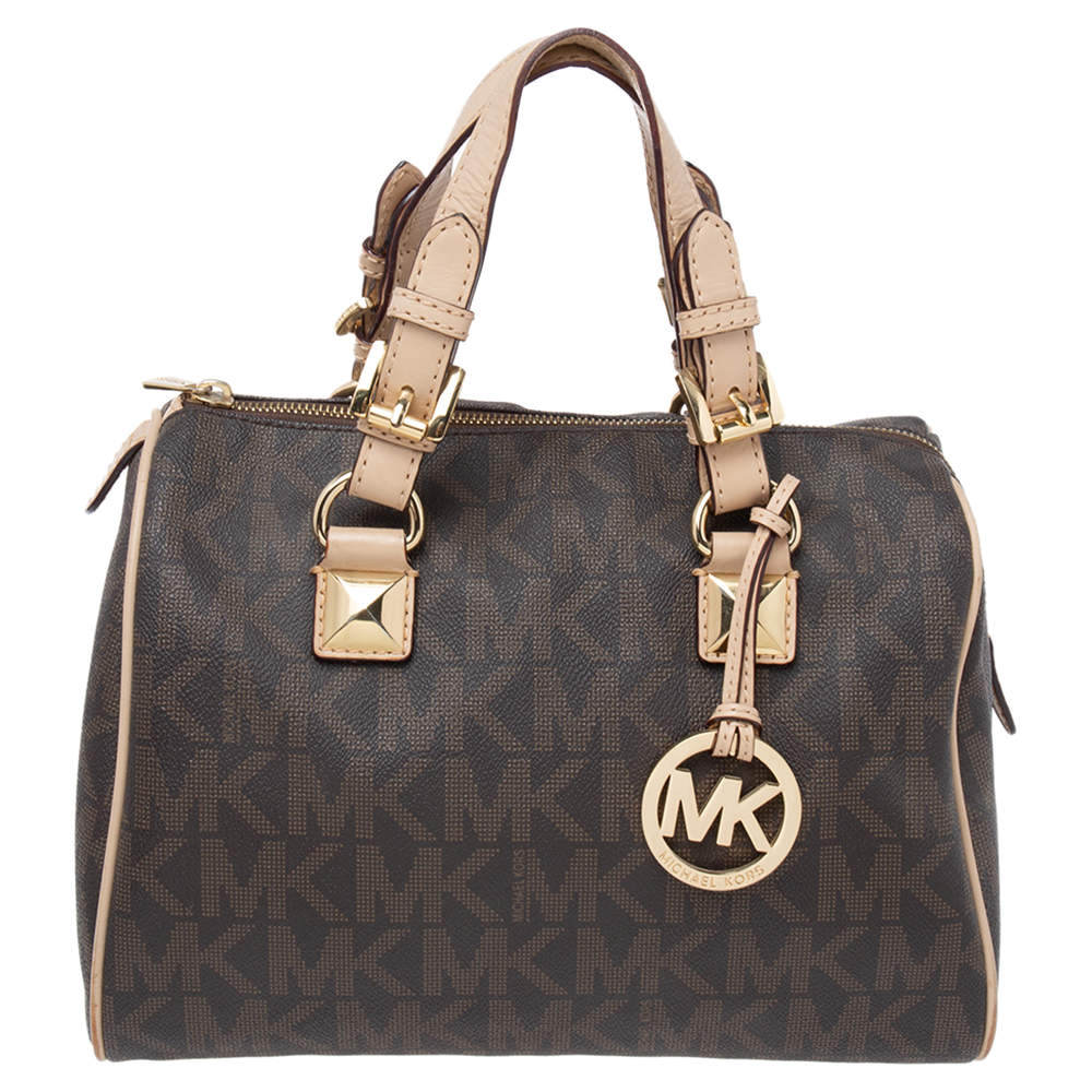 Pre Owned MICHAEL Michael Kors Brown/Beige Signature Coated Canvas And Leather Grayson Satchel