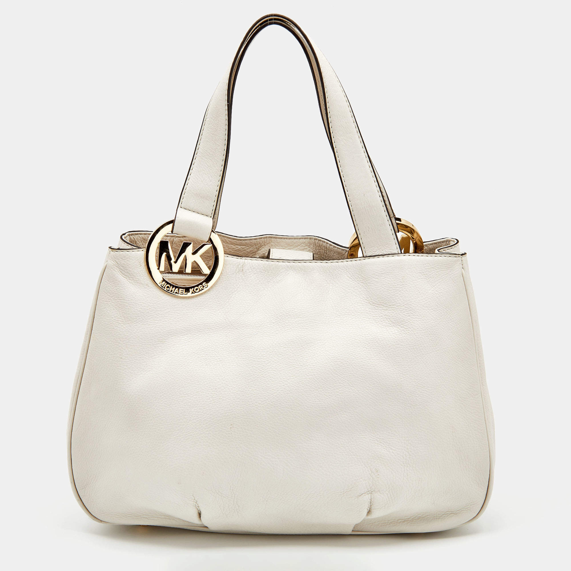 Pre Owned MICHAEL Michael Kors White Leather Fulton East West Tote