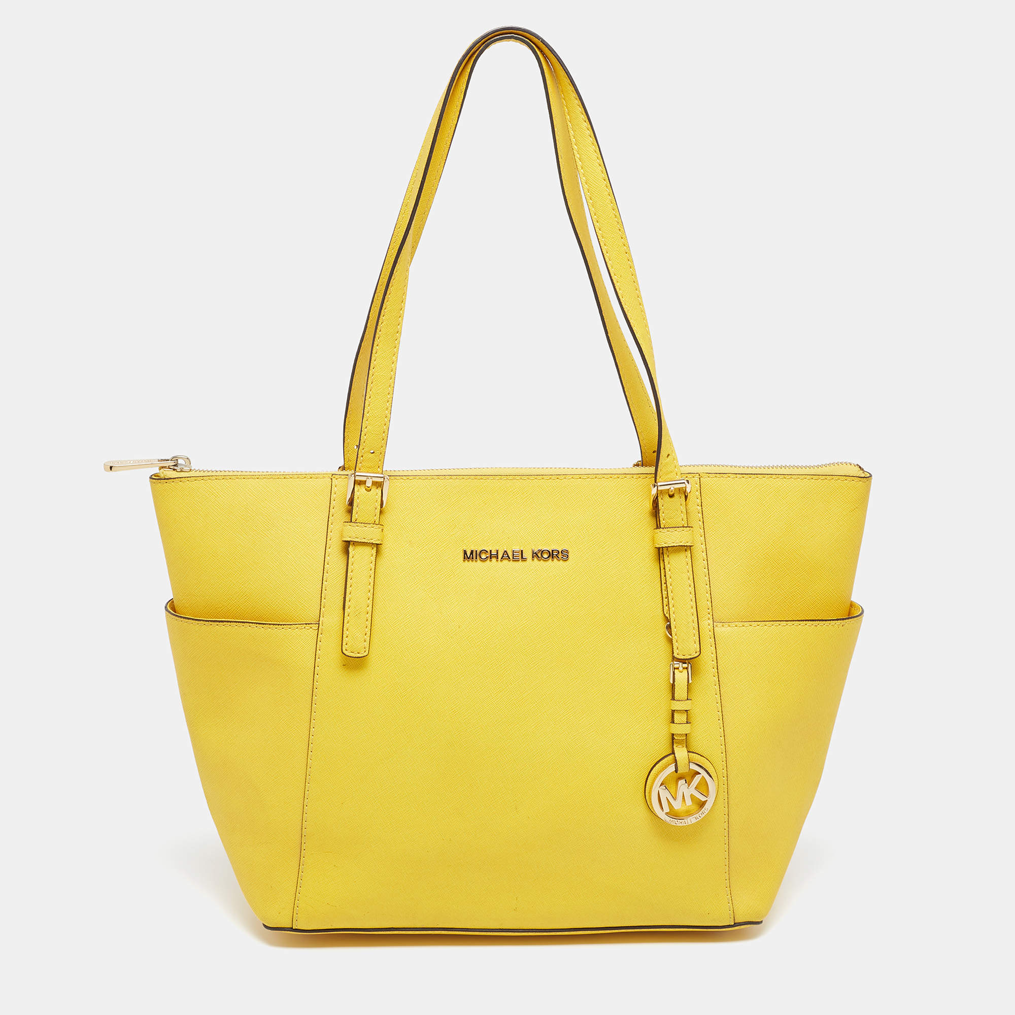 Pre Owned MICHAEL Michael Kors Yellow Leather Medium Jet Set Top Zip Tote
