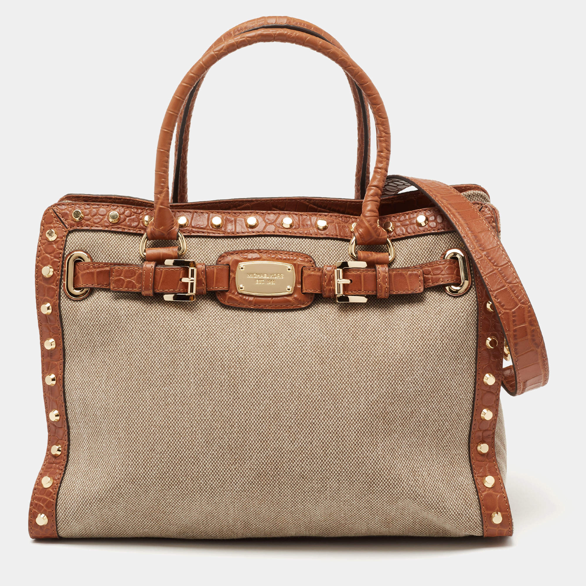 Pre Owned حقيبة يد مايكل كورس هاميلتون جلد وكانفاس بيج/بني مرصعة كبيرة