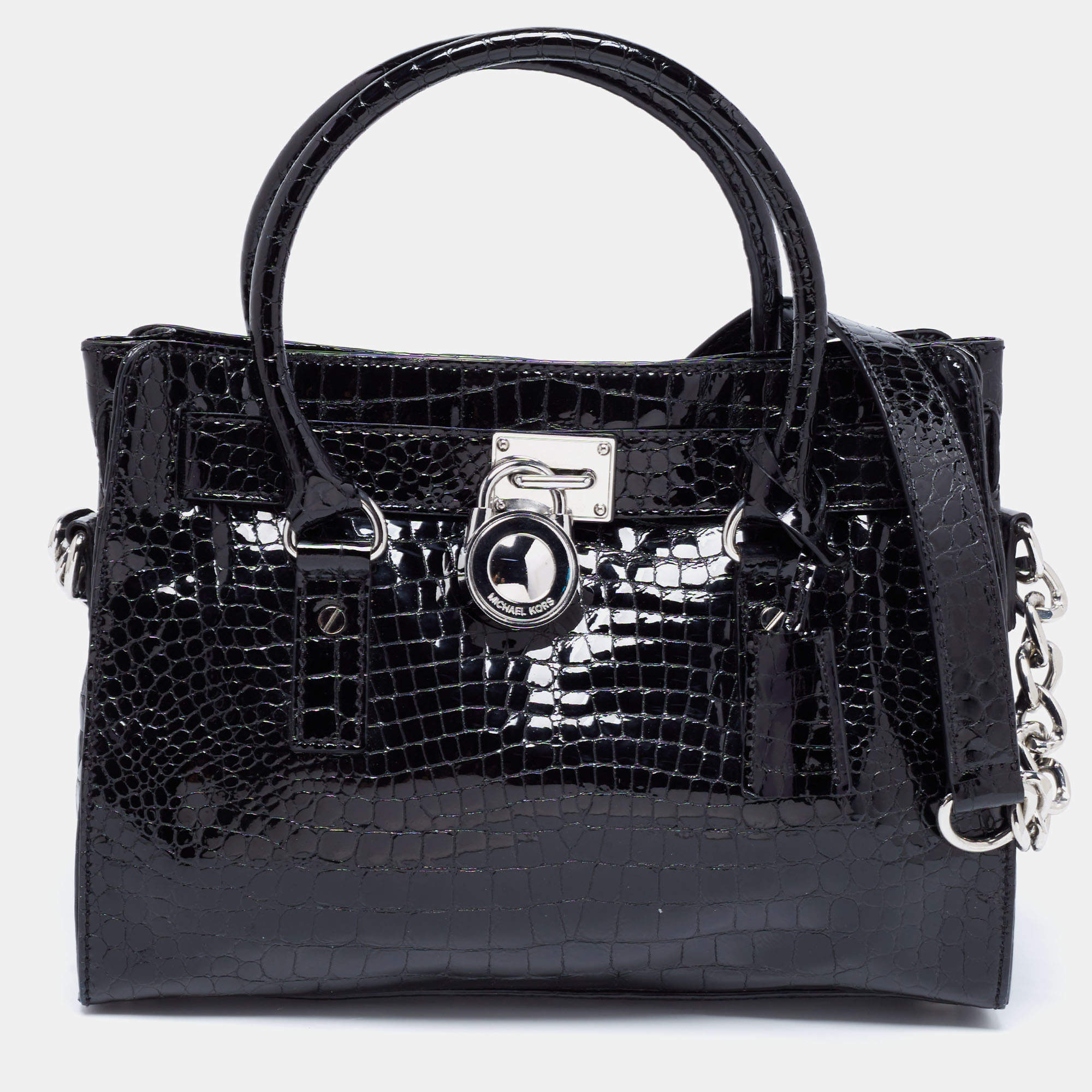 Pre Owned MICHAEL Michael Kors Black Croc Embossed Patent Leather Hamilton Tote