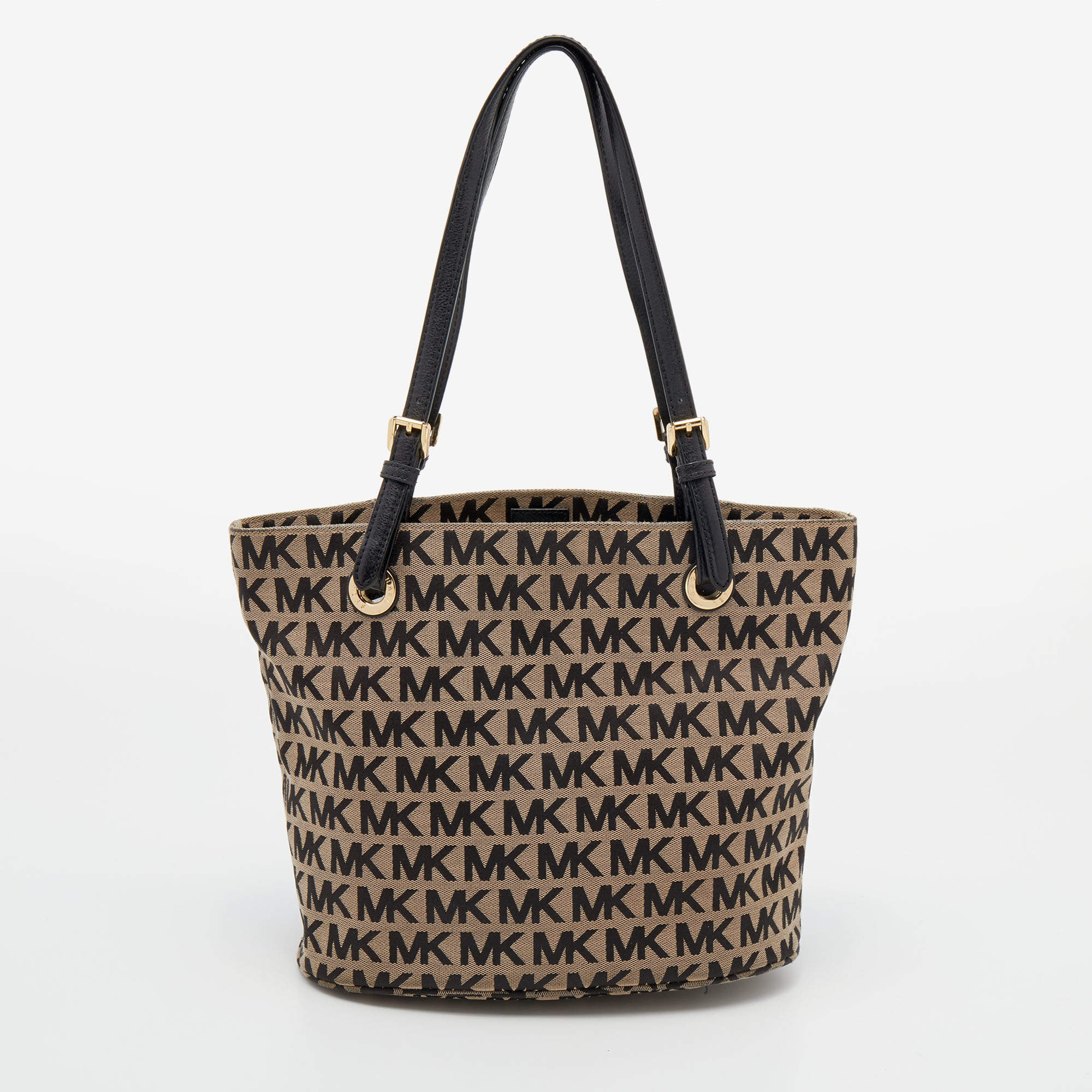 Pre Owned حقيبة يد توتس مايكل مايكل كورس جيت سيت جلد وكانفاس بيج/أسود بالشعار