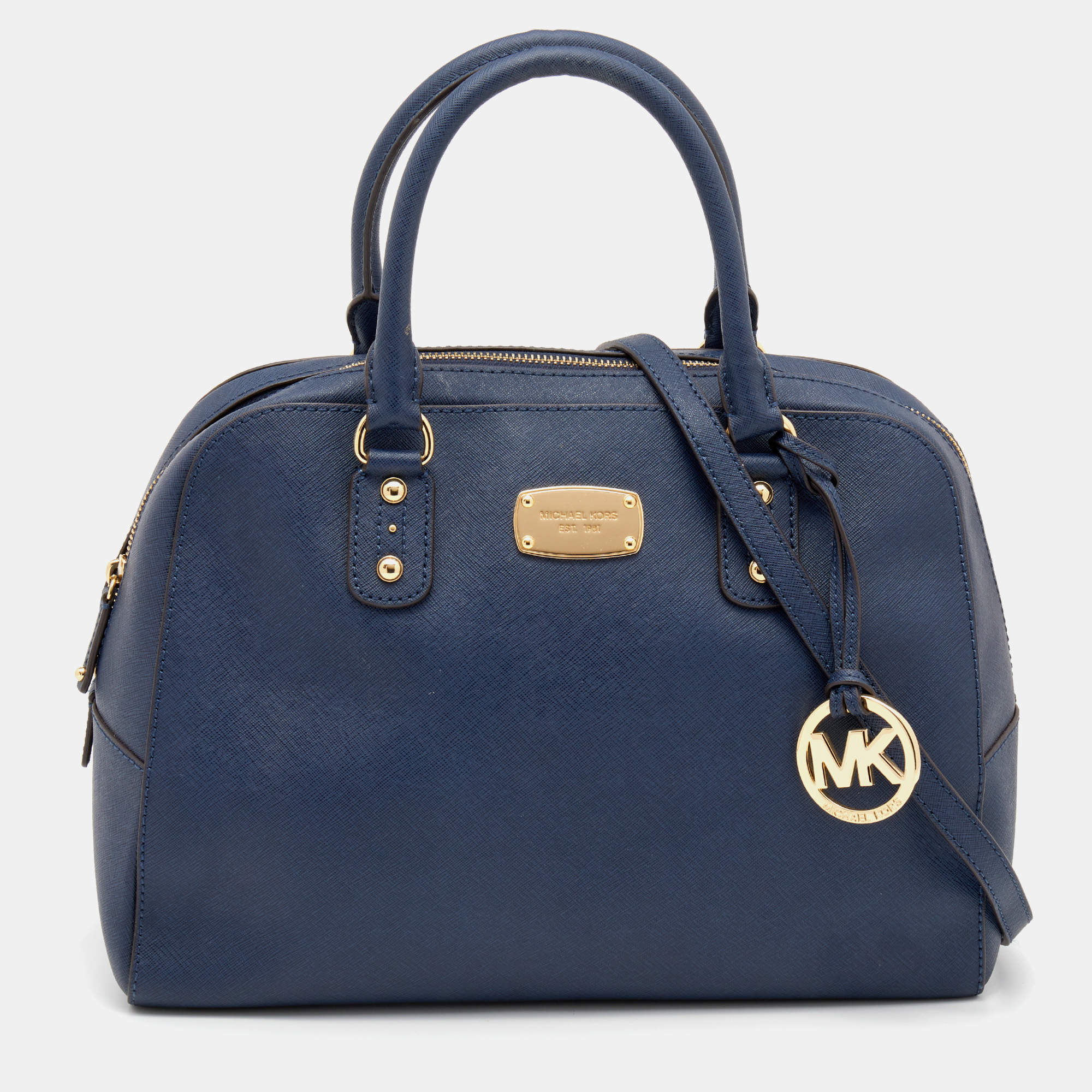 Pre Owned MICHAEL Michael Kors Navy Blue Saffiano Leather Cindy Dome Satchel
