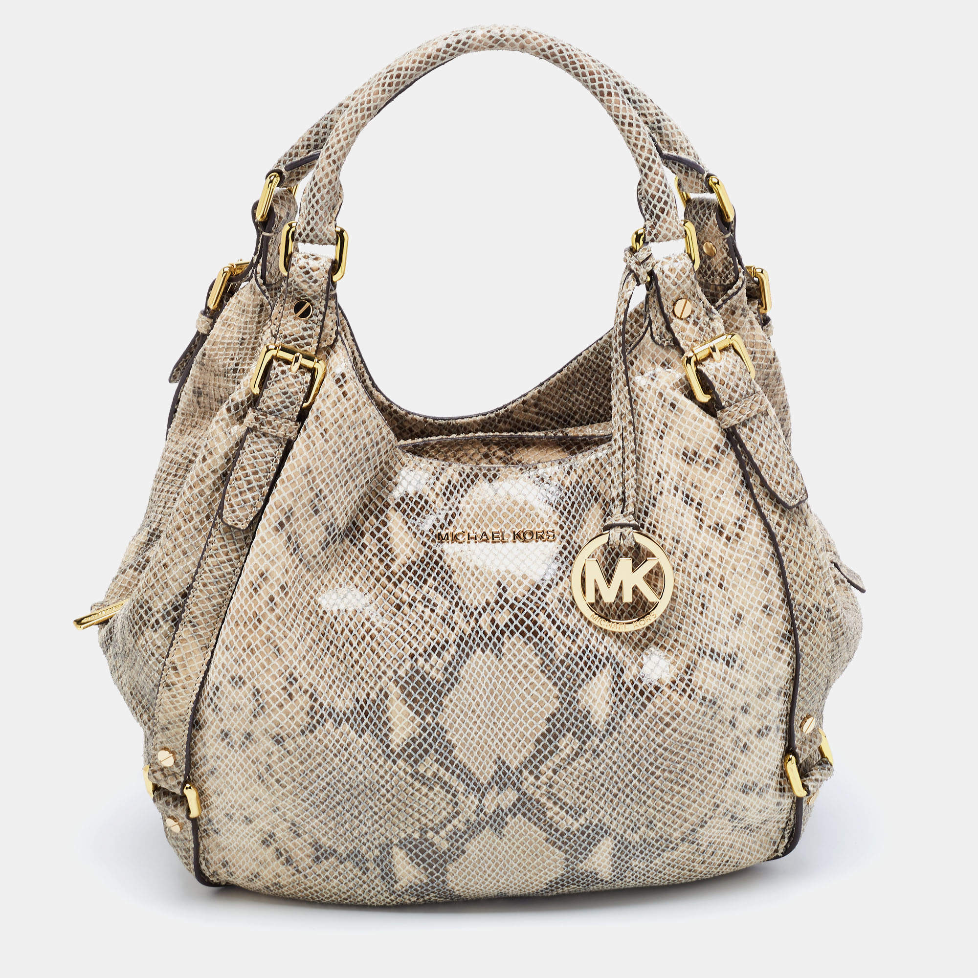 Pre Owned MICHAEL Michael Kors Beige Python Effect Leather and Suede Bedford Hobo