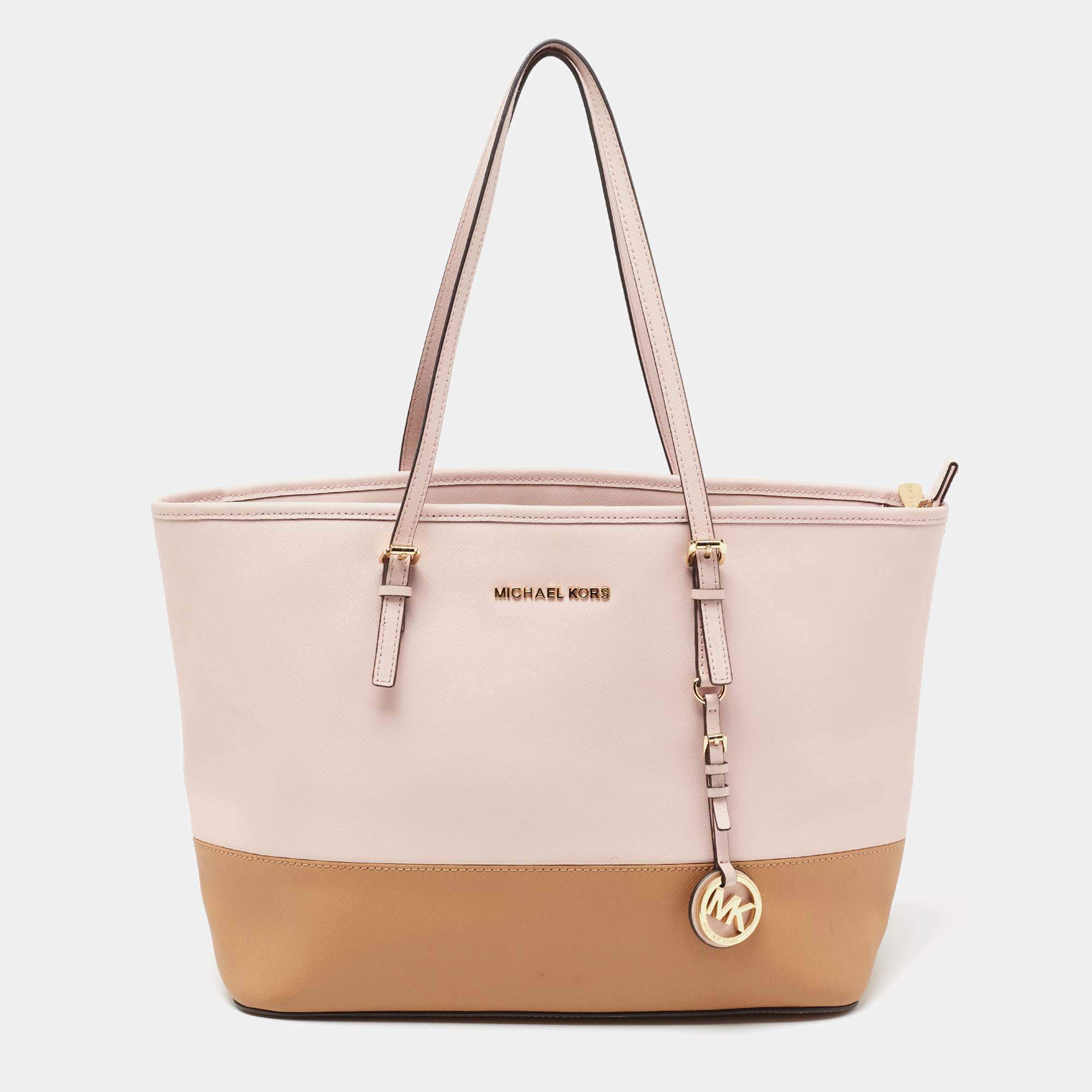 Pre Owned حقيبة يد توتس مايكل مايكل كورس جيت سيت ترافيل جلد سافيانو بني/وردي متوسطة