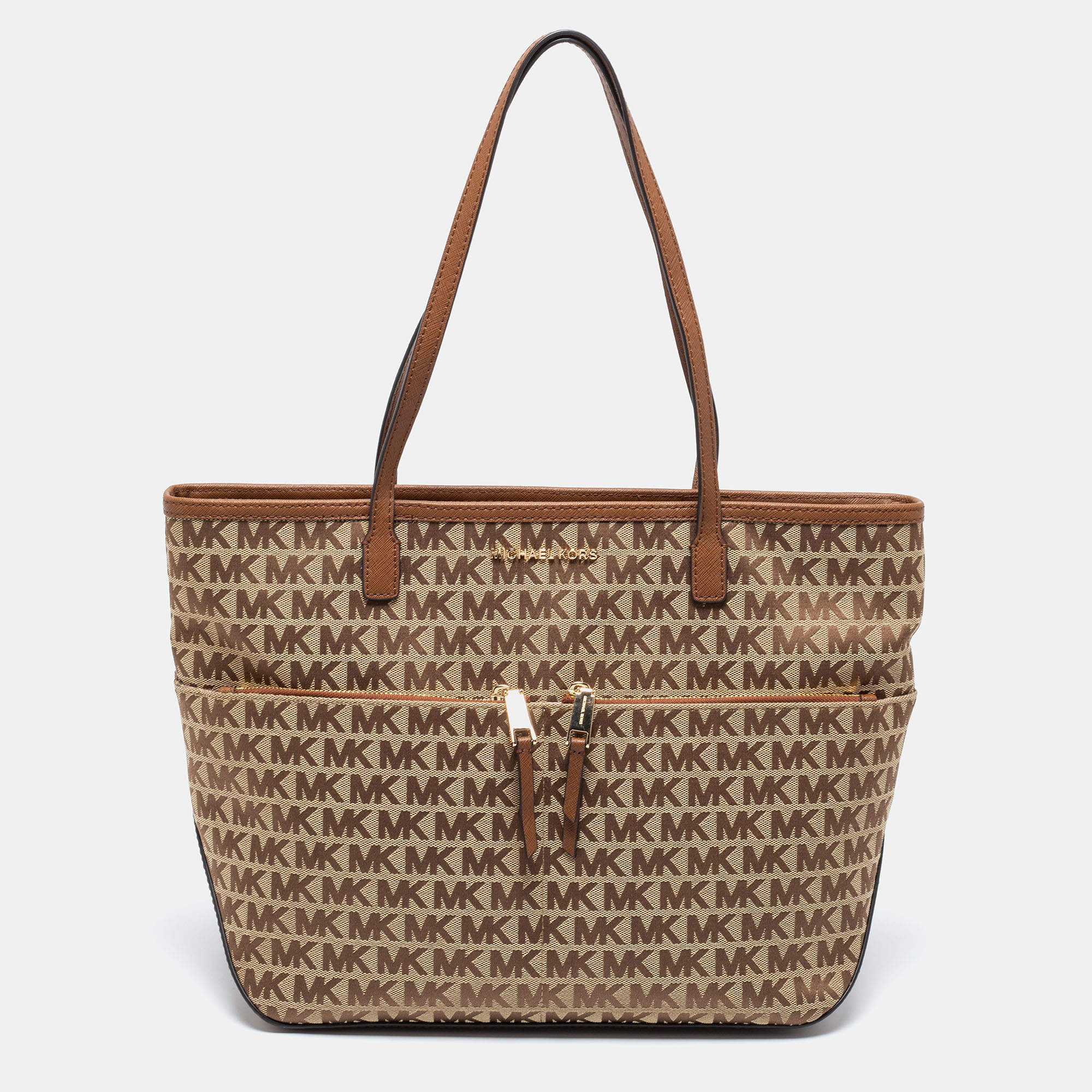 Pre Owned حقيبة يد توتس مايكل كورس كمبتون جلد وكانفاس بيج / بني بالشعار