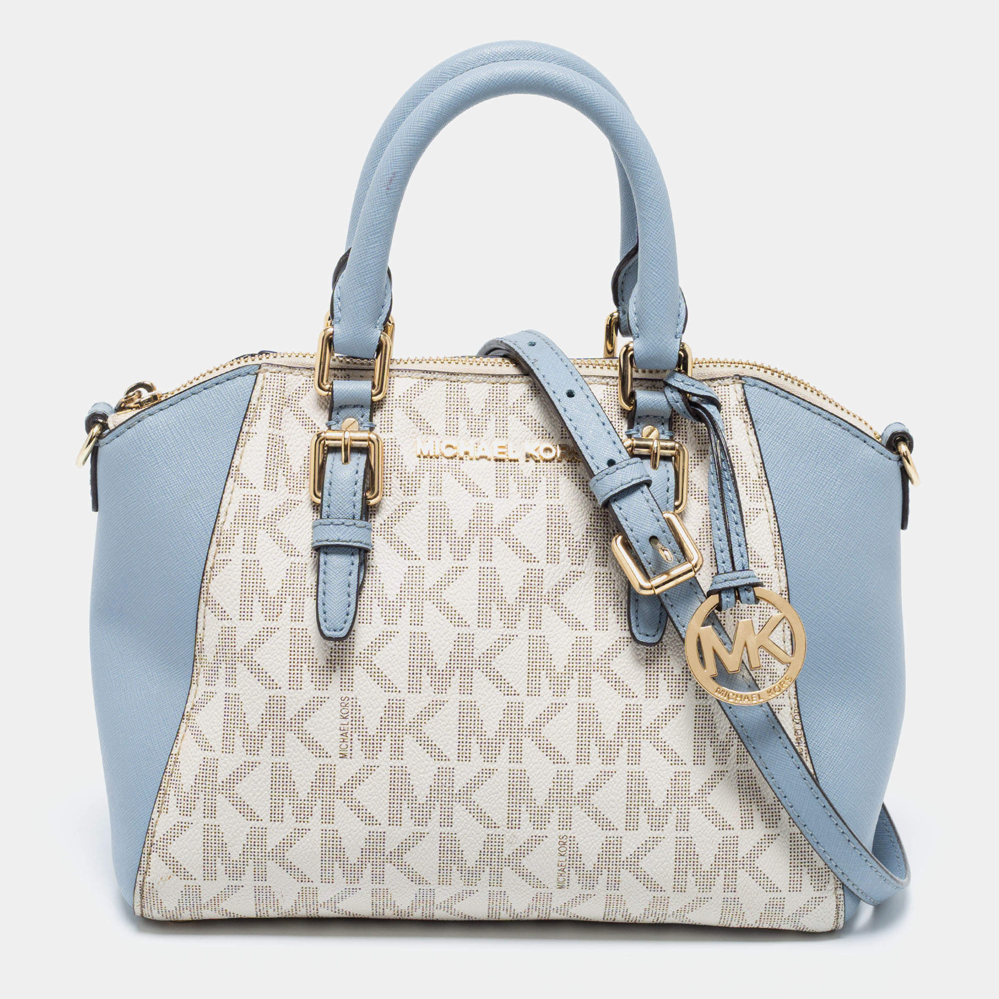 MICHAEL Michael Kors White/Blue Signature Canvas And Leather Ciara Satchel MICHAEL  Michael Kors | TLC