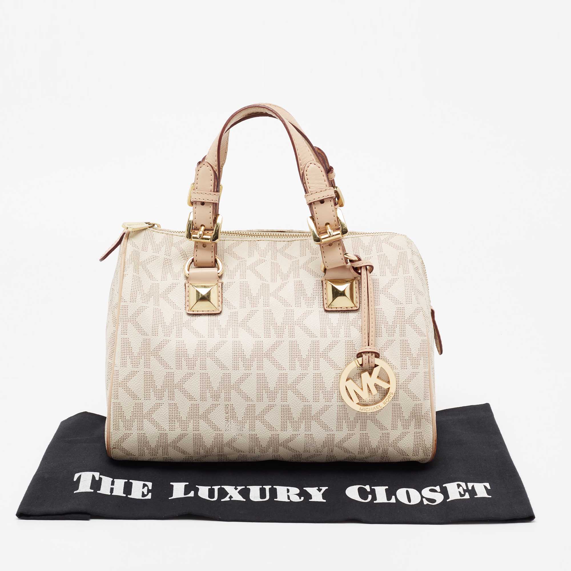 MICHAEL Michael Kors White/Beige Signature Coated Canvas and Leather  Grayson Boston Bag MICHAEL Michael Kors | The Luxury Closet