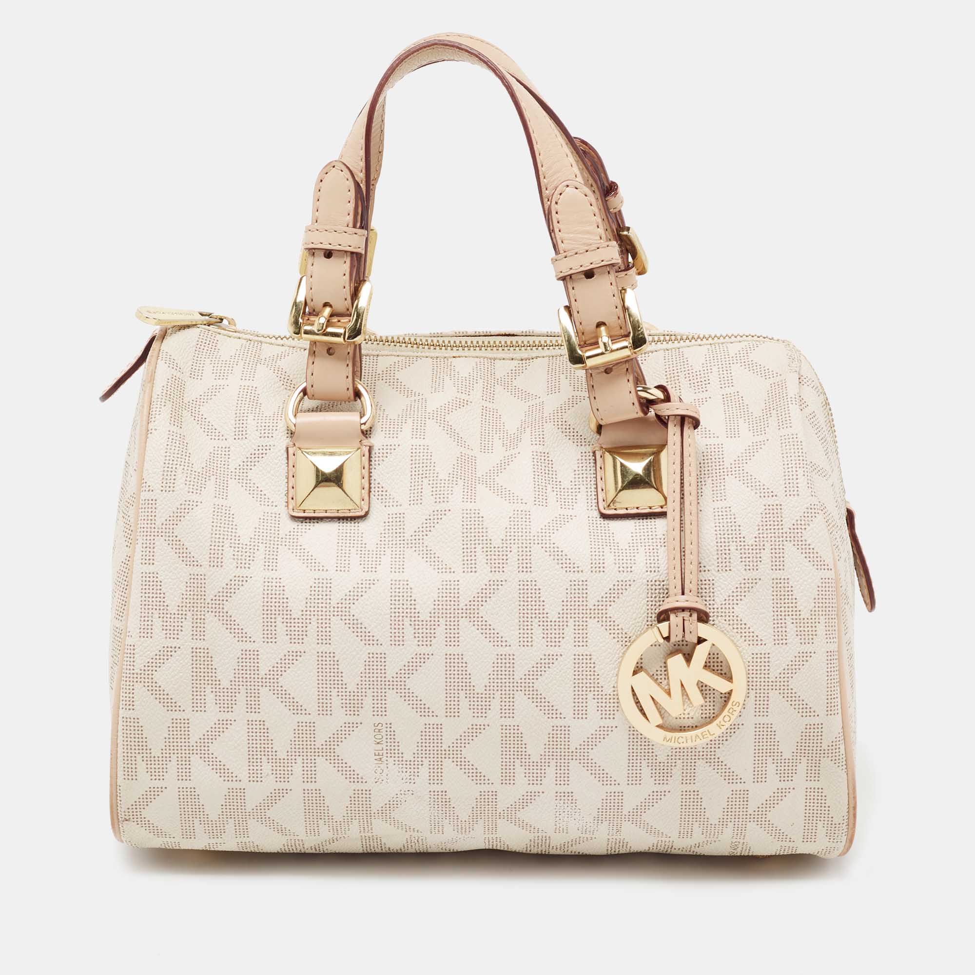 Michael Michael Kors White/Beige Signature Coated Canvas and Leather Grayson Boston Bag