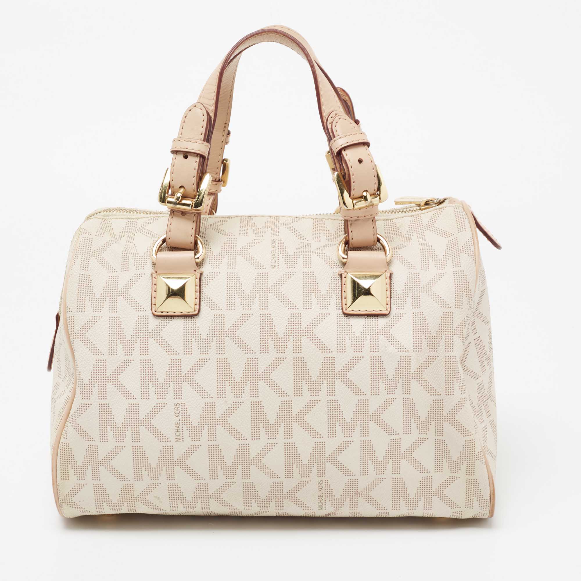 MICHAEL Michael Kors White/Beige Signature Coated Canvas and Leather  Grayson Boston Bag MICHAEL Michael Kors | The Luxury Closet